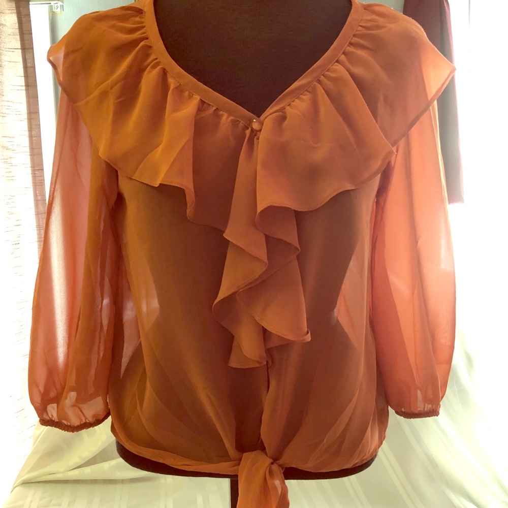 Orange sheer long sleeve blouse